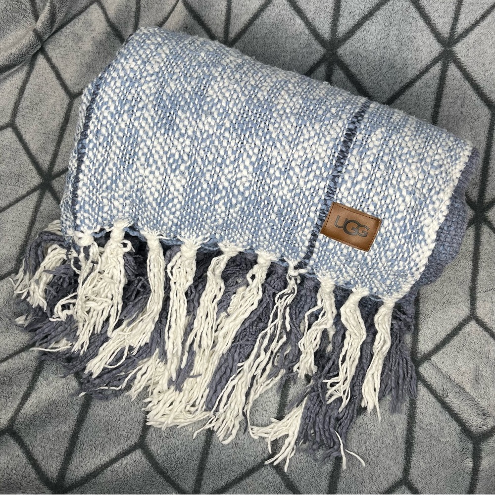 UGG Benson Blue Plaid Fringed Throw Blanket 70”x50” Z - Picture 3 of 6